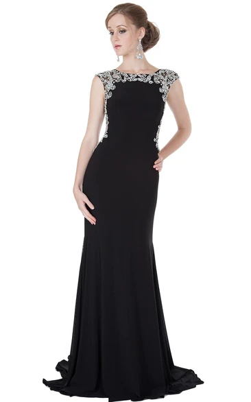 Scoop Neck Cap Sleeve Beaded Chiffon Evening Dress With Brush Train