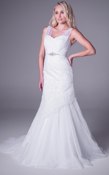 Trumpet Sleeveless Appliqued Floor-Length Strapped Tulle Wedding Dress With Waist Jewellery And Ruffles