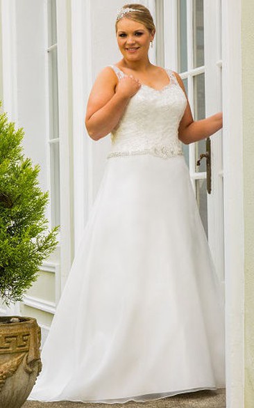 Lace Top Crystal Sash A-Line Bridal Gown With Lace Up And Keyhole