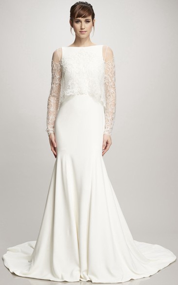 Sheath High Neck Illusion-Sleeve Jersey Wedding Dress