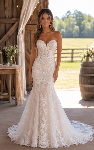 Strapless Mermaid Lace Country Wedding Dress with Sweetheart Neckline and Train