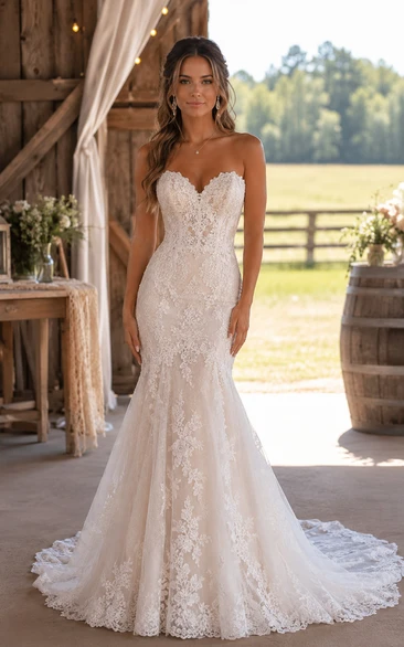 Strapless Mermaid Lace Country Wedding Dress with Sweetheart Neckline and Train