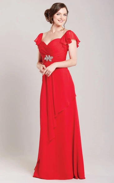 Sheath Floor-Length Poet-Sleeve Broach Sweetheart Chiffon Bridesmaid Dress With Ruching