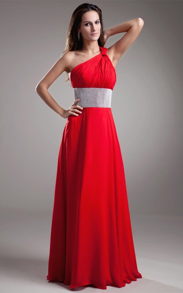 Flamboyant One-Shoulder Long Chiffon Dress With Jeweled Waist