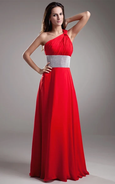 Flamboyant One-Shoulder Long Chiffon Dress With Jeweled Waist