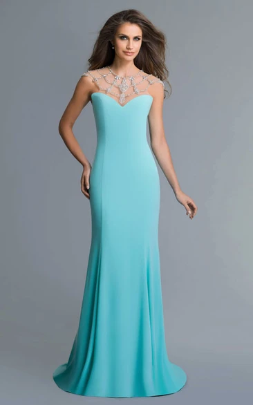 Sheath Floor-Length Jersey Illusion Dress With Beading