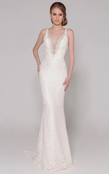 Sheath Long Sleeveless Beaded V-Neck Lace Wedding Dress With Appliques