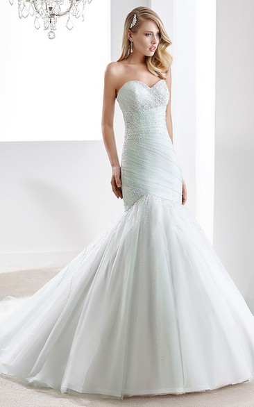 Sweetheart Beaded Mermaid Wedding Gown with Pleated Details and Open Back