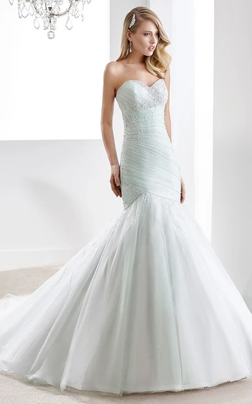 Sweetheart Beaded Mermaid Wedding Gown with Pleated Details and Open Back