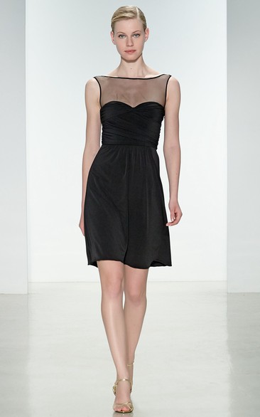 Short Sleeveless Bateau Neck Ruched Chiffon Bridesmaid Dress With Illusion Back