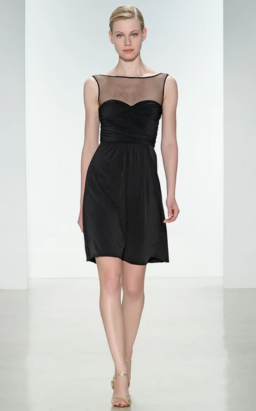 Short Sleeveless Bateau Neck Ruched Chiffon Bridesmaid Dress With Illusion Back