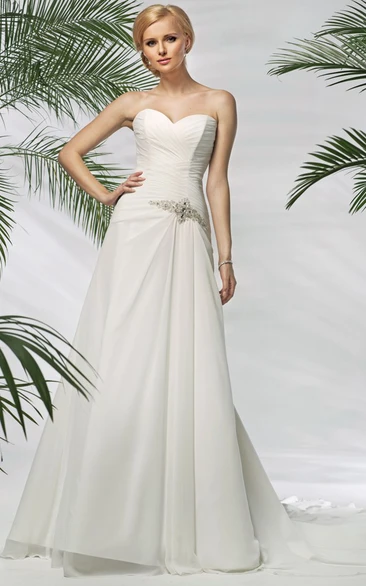 A-Line Maxi Criss-Cross Sweetheart Sleeveless Tulle&Satin Wedding Dress With Waist Jewellery