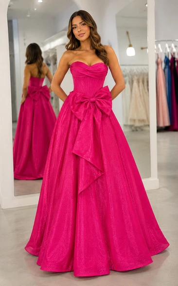 Satin Prom Dress in Fuchsia, Strapless, Sweetheart Ball Gown Floor-Length Gown with Bow(s) and Drape