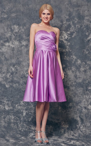 Strapless Backless A-line Knee Length Satin Dress With Flower