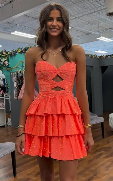 Orange Sequined Strapless Ruffled Dress