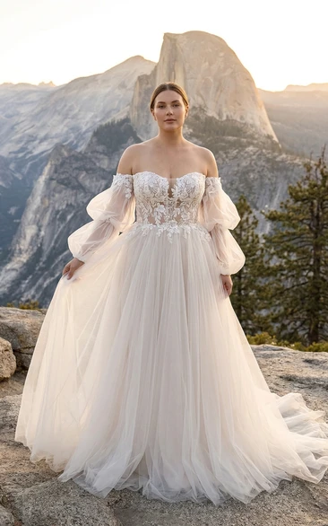 Plus Size Off Shoulder Puff Sleeve A-Line Wedding Dress with Lace Bodice and Tulle Chapel Train