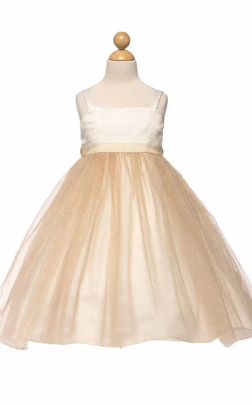 Tea-Length Spaghetti Empire Tiered Tulle&Satin Flower Girl Dress
