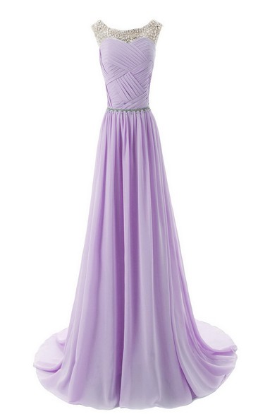 Bateau Neck Crystal-beaded Chiffon A-line Gown With Train