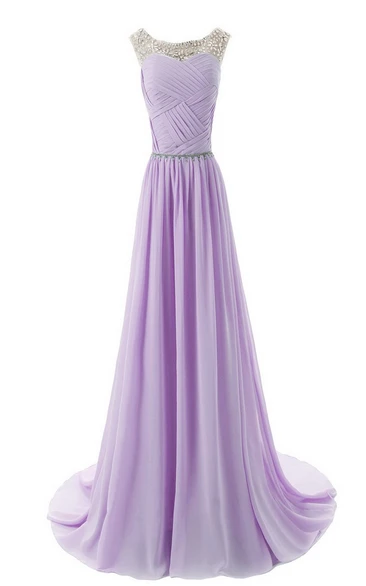 Bateau Neck Crystal-beaded Chiffon A-line Gown With Train