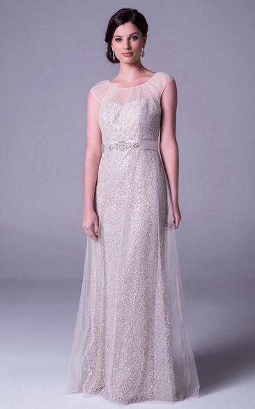 Square Neck Jeweled Cap Sleeve Tulle Bridesmaid Dress