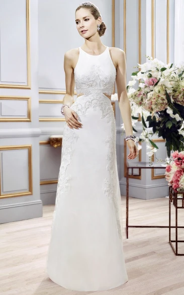 Sheath Sleeveless Appliqued Long Scoop Satin Wedding Dress With Court Train