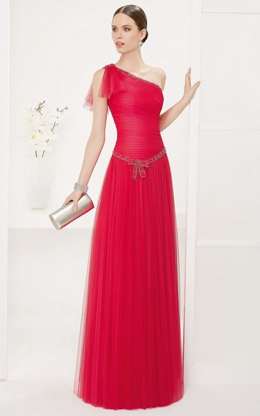 Drop Waist Asymmetric Tulle Long Prom Dress With Crystal Neckline And Waist