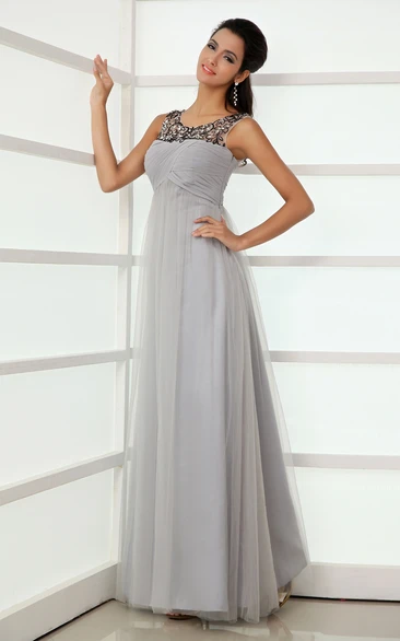Modest Scoop Neckline Empire Tulle A-Line Gown Beading Top