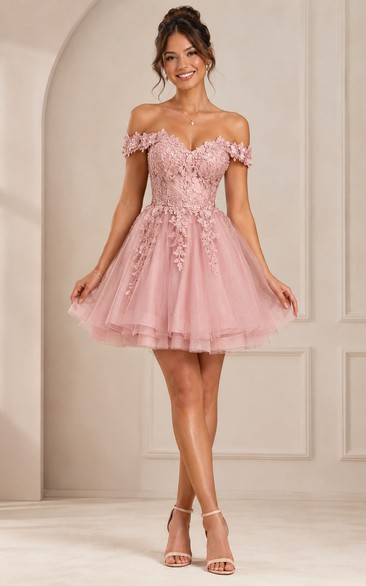Short A-Line Short Off-the-Shoulder Short Sleeve Tulle Homecoming Dress with Appliques