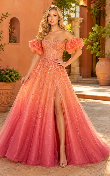 Vestido de fiesta de gala color coral con escote Bardot, lentejuelas, mangas abullonadas y falda de tul.