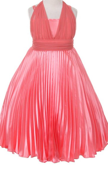 Sleeveless A-line Pleated Dress With Straps and Bow