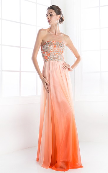 Ombre Sheath Strapless Sleeveless Chiffon Backless Dress With Beading