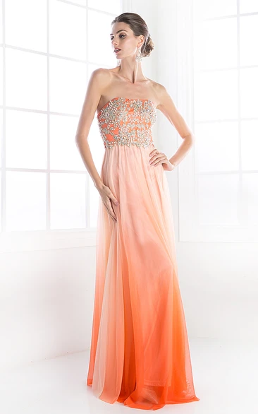 Ombre Sheath Strapless Sleeveless Chiffon Backless Dress With Beading