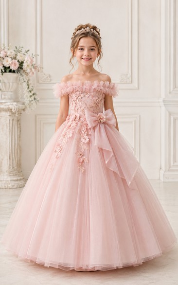 Princess Off-the-shoulder Floral Tulle Flower Girl Ball Gown