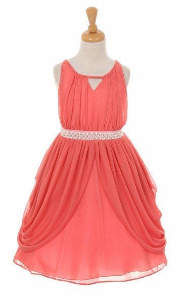 High Neck Tea-Length Pleated Tiered Chiffon Flower Girl Dress With Ribbon