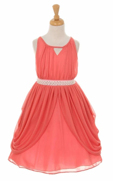 High Neck Tea-Length Pleated Tiered Chiffon Flower Girl Dress With Ribbon