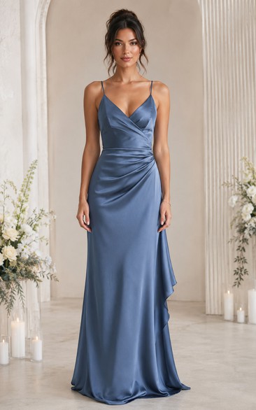 Steel Blue V-Neck Satin Sheath Bridesmaid Dress