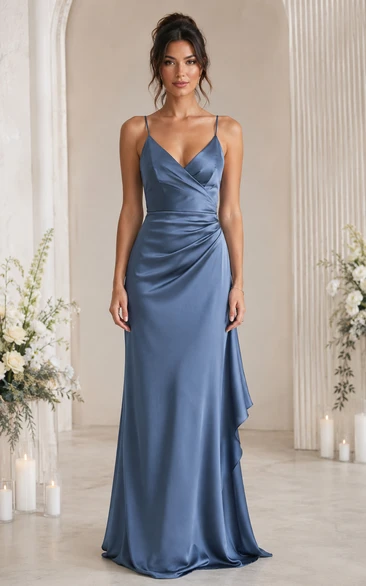 Steel Blue V-Neck Satin Sheath Bridesmaid Dress