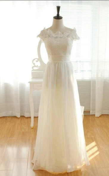 Floor-Length Cap Keyhole Chiffon Lace Long Sleeve Bridesmaid Dress