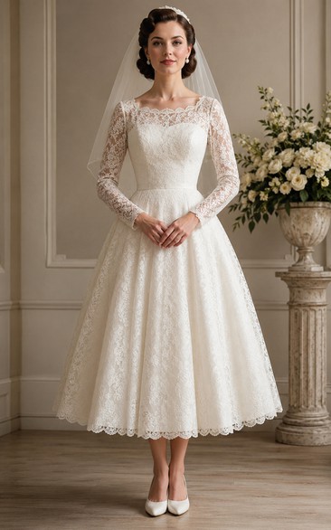 Tea-Length Long Sleeve Lace Vintage Wedding Dress
