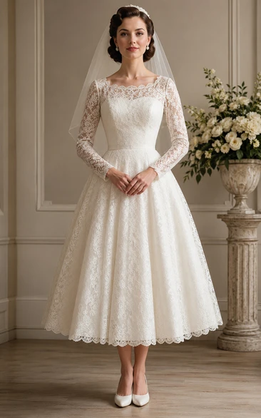 Tea-Length Long Sleeve Lace Vintage Wedding Dress