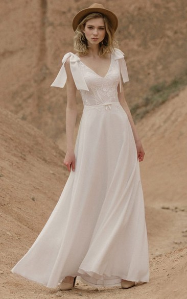 Chiffon Summer Empire Flowy Applique Wedding Dress with Epaulet Bow