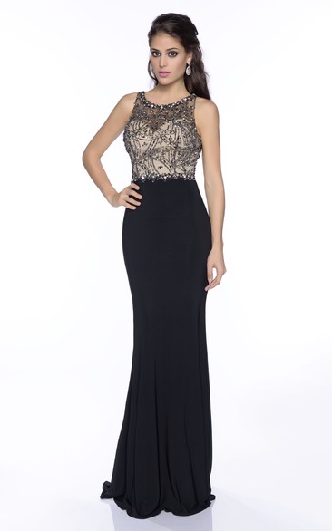 Sheath Jersey Sleeveless Prom Dress With Rhinestone Bodice And Keyhole Back