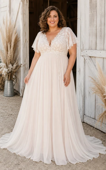 Robe de mariée grande taille en mousseline de soie, coupe trapèze, col en V et manches courtes en dentelle
