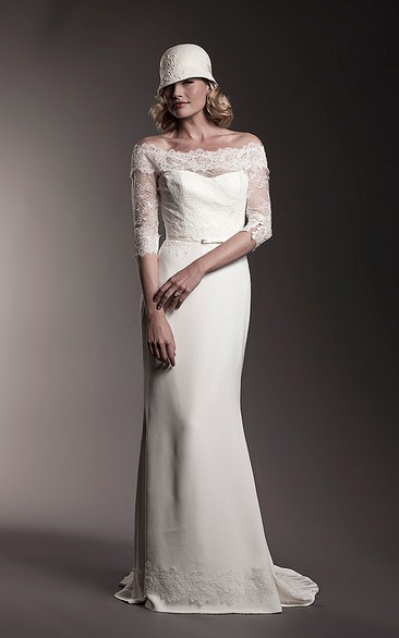 Lace Floor-Length Off-The-Shoulder Half Sleeve Jeweled Wedding Dress