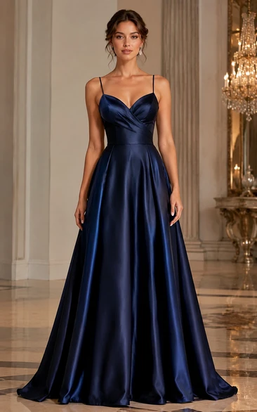 Dark Navy Spaghetti Strap Satin A-Line Formal Gown