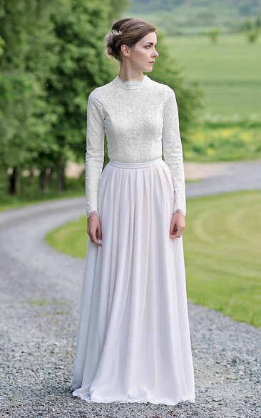 Modest Lace and Chiffonk Long-Sleeve Floor Length Vintage Wedding Dress