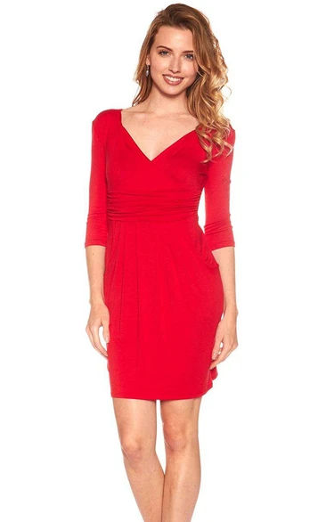3-4 Sleeved Short Sheath Dress with Ruches