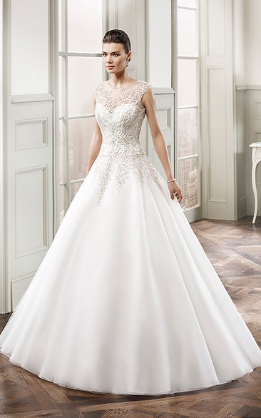 Ball Gown Floor-Length Beaded Scoop-Neck Sleeveless Tulle Wedding Dress