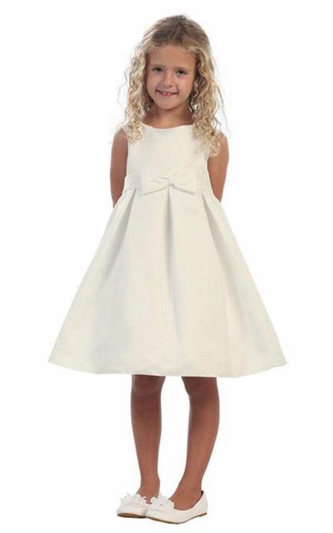 Split Knee-Length Tiered Pleated Satin Flower Girl Dress With Split Front