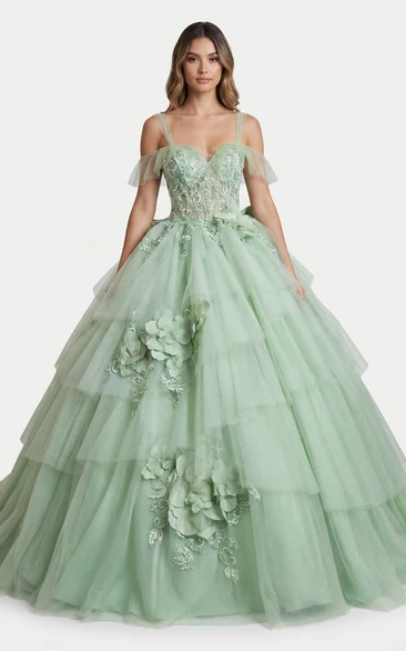Sage Green Quinceanera Ball Gown Straps 3D Floral Layered Tulle Dress